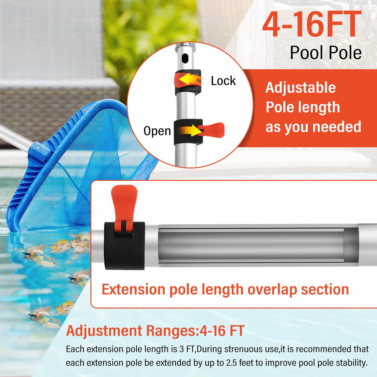 ACTREY pool pole with telescoping locking for secure length adjustment.