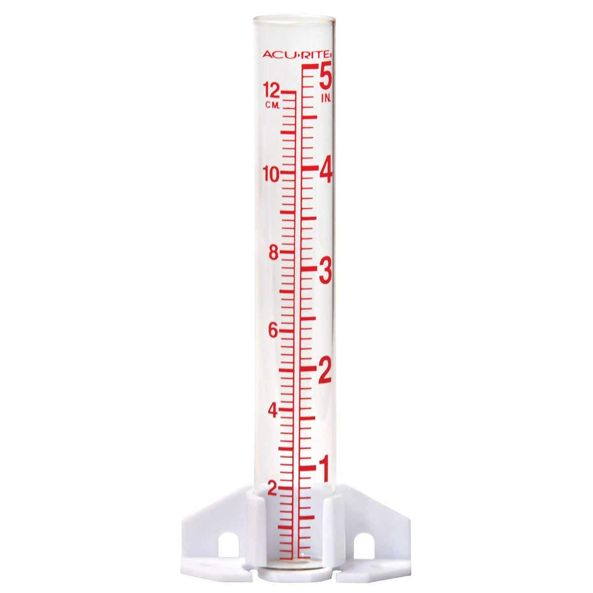 AcuRite 00810A2 glass rain gauge with base for wall mounting.
