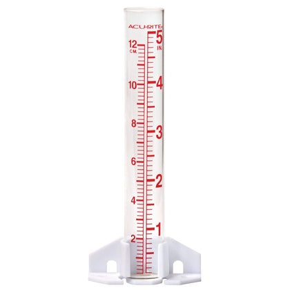 AcuRite 00810A2 glass rain gauge with base for wall mounting.