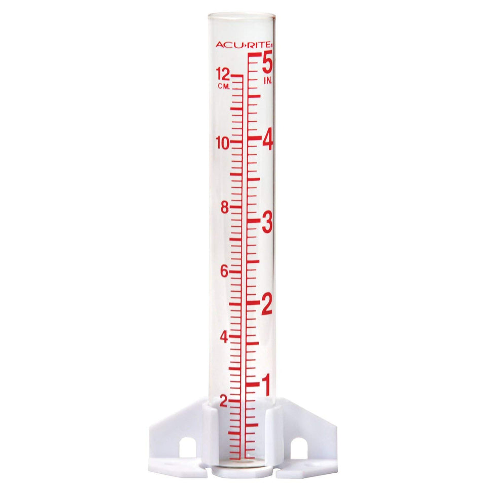 AcuRite 00810A2 glass rain gauge with base for wall mounting.