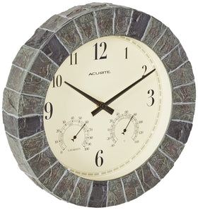 AcuRite 02418 faux-slate clock front view with thermometer and hygrometer for quick comfort checks.