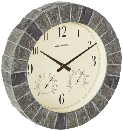AcuRite 02418 faux-slate clock front view with thermometer and hygrometer for quick comfort checks.