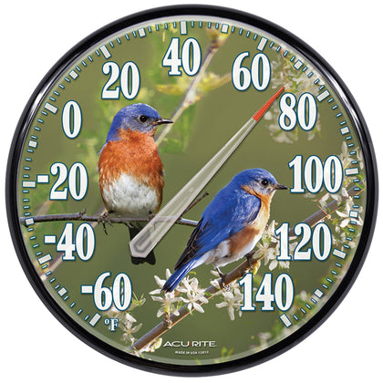 AcuRite bluebirds wall thermometer displaying reliable indoor/outdoor temperature readings.