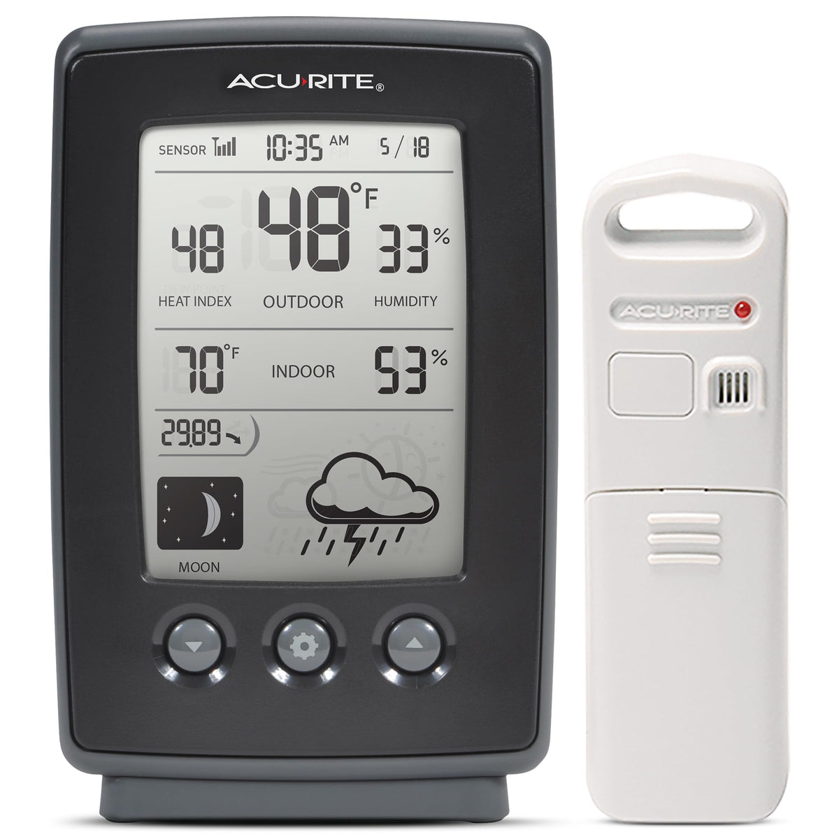 AcuRite digital weather forecaster display shows indoor and outdoor temperatures and humidity.