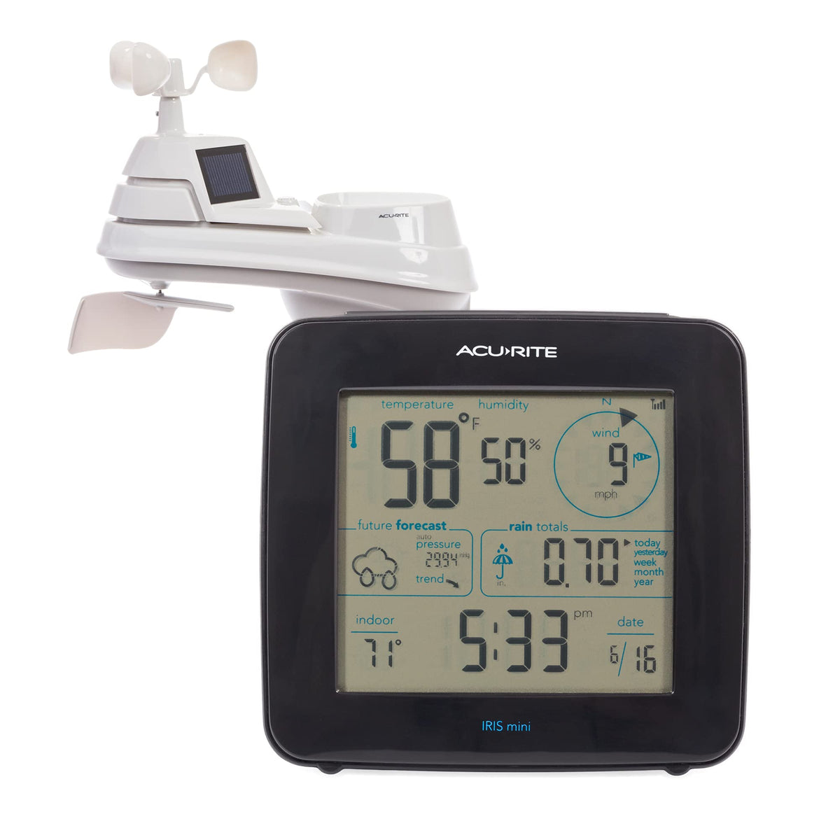 AcuRite Iris mini display shows real-time indoor and outdoor readings at a glance.