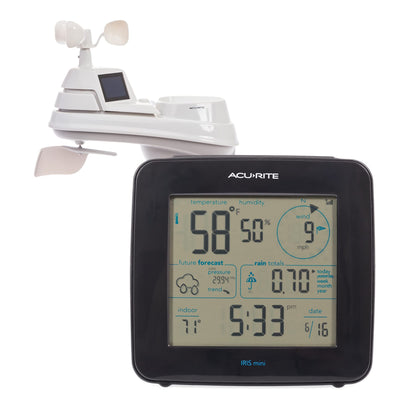 AcuRite Iris mini display shows real-time indoor and outdoor readings at a glance.