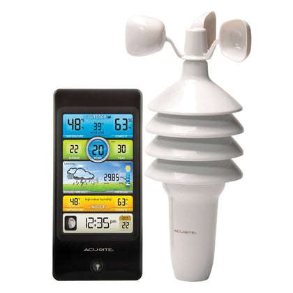 AcuRite Notos color display on tabletop shows indoor and outdoor temperature and humidity at a glance