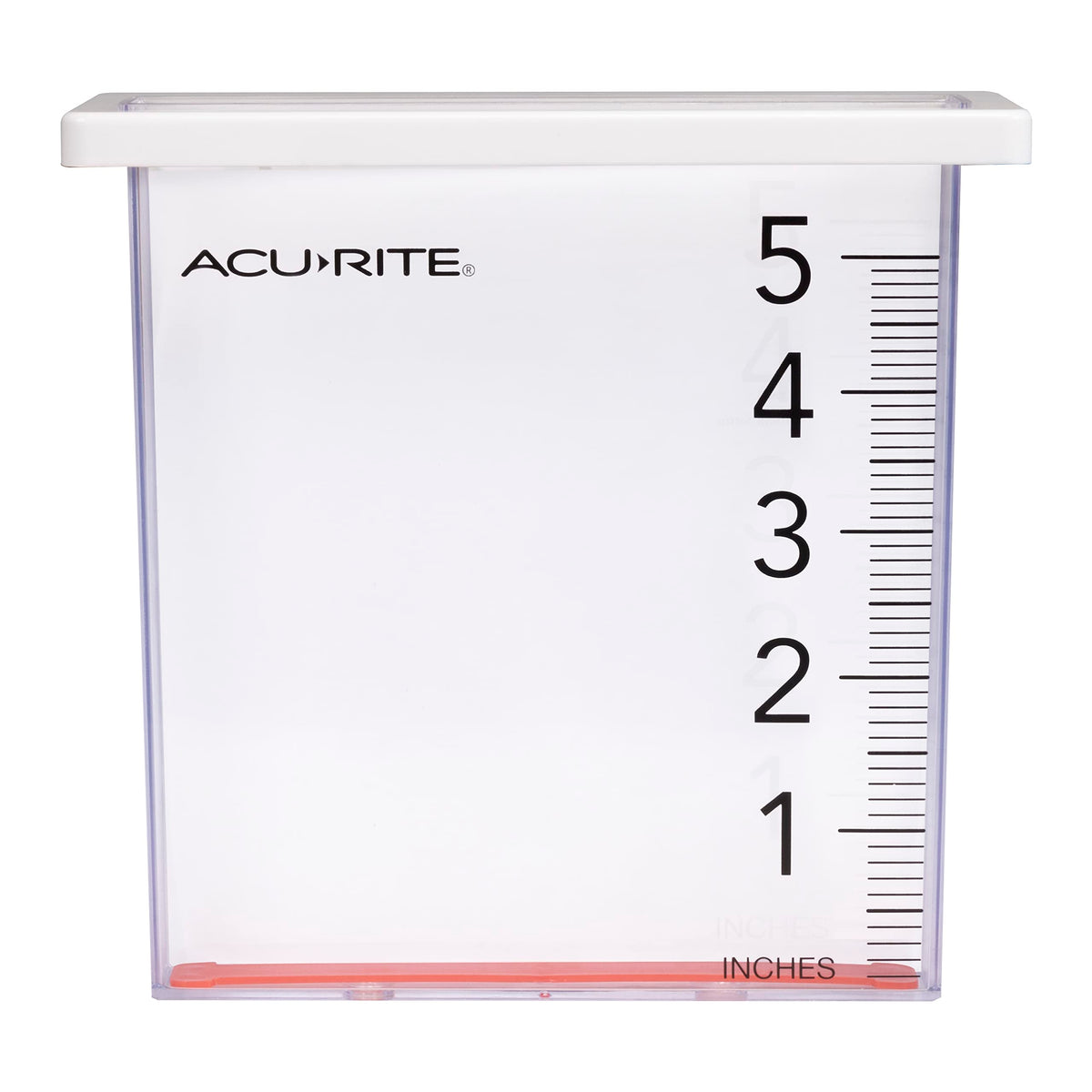 AcuRite Waterfall Rain Gauge showing five-inch capacity with clear measurement marks.