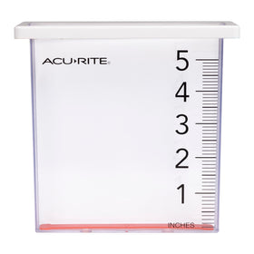 AcuRite Waterfall Rain Gauge showing five-inch capacity with clear measurement marks.