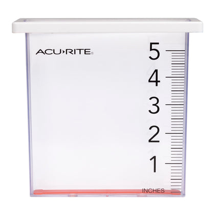 AcuRite Waterfall Rain Gauge showing five-inch capacity with clear measurement marks.