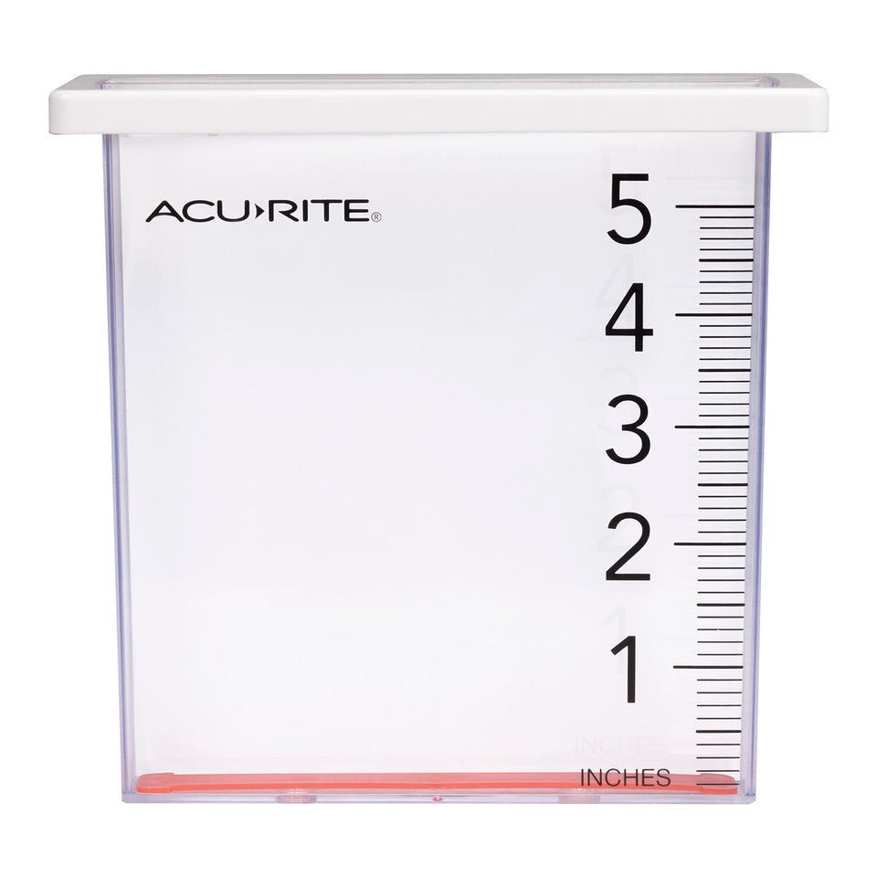 AcuRite Waterfall Rain Gauge showing five-inch capacity with clear measurement marks.