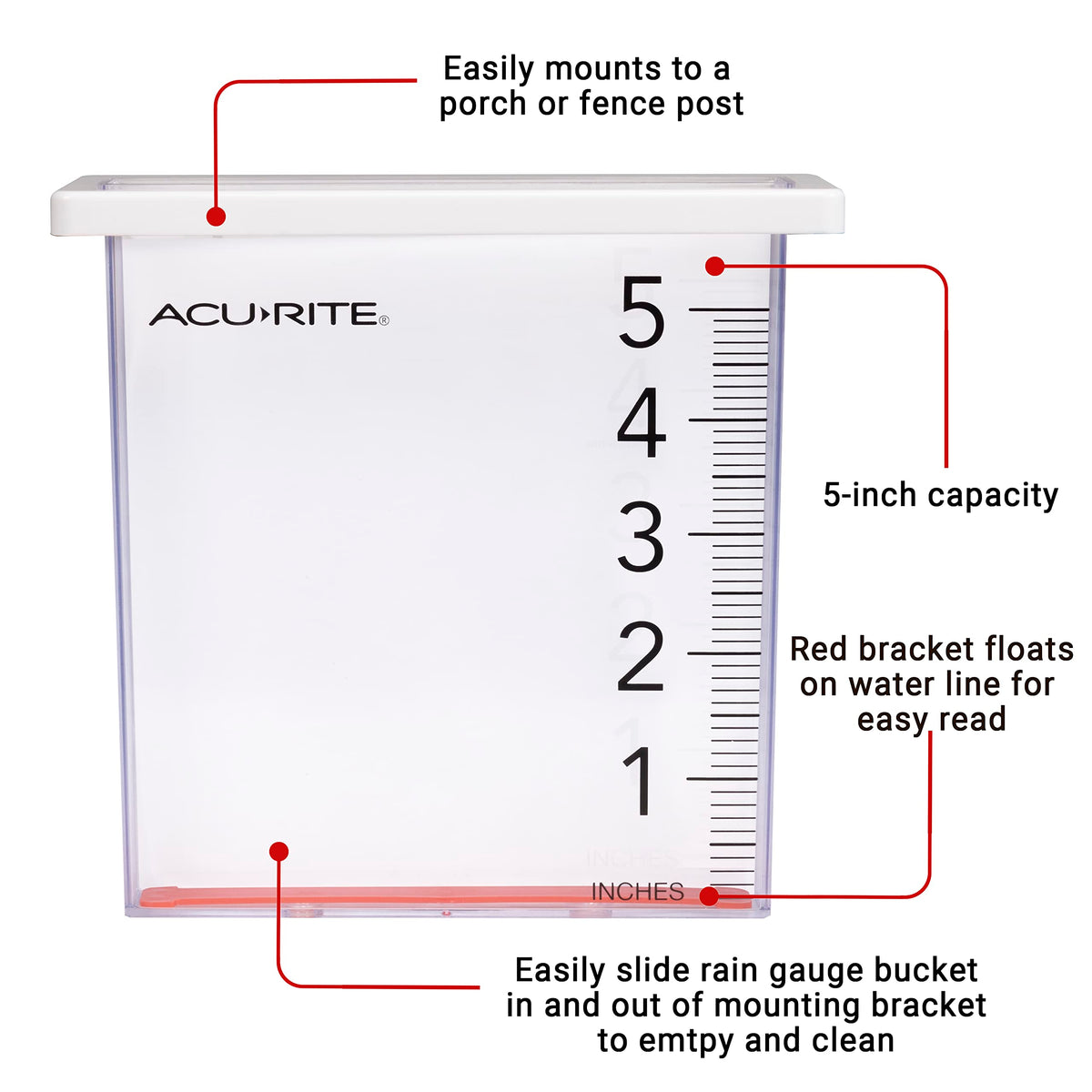 AcuRite Waterfall Rain Gauge installed on a deck rail for straightforward setup.