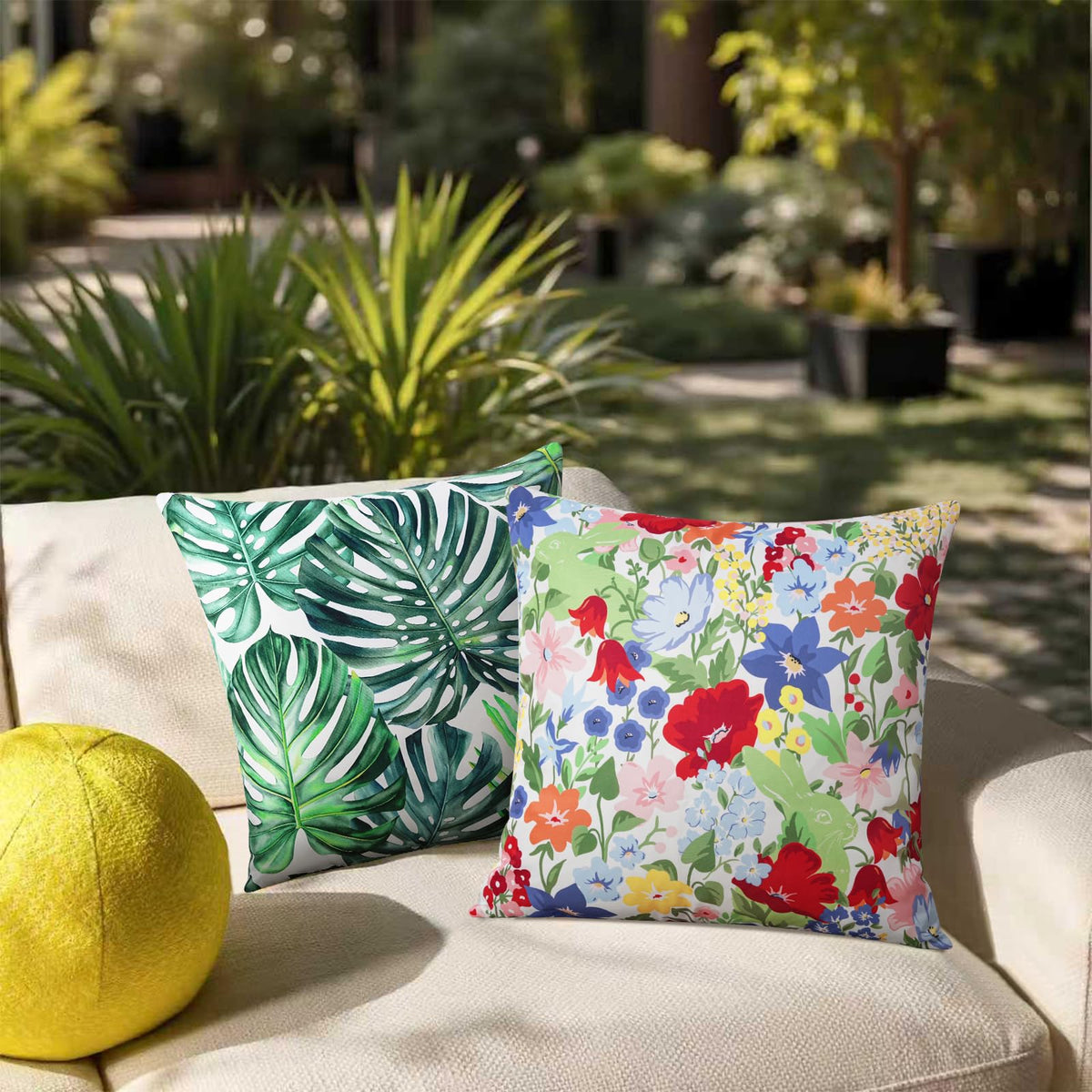 Adabana 16x16 inch pillow cover on a chair for standard outdoor sizing