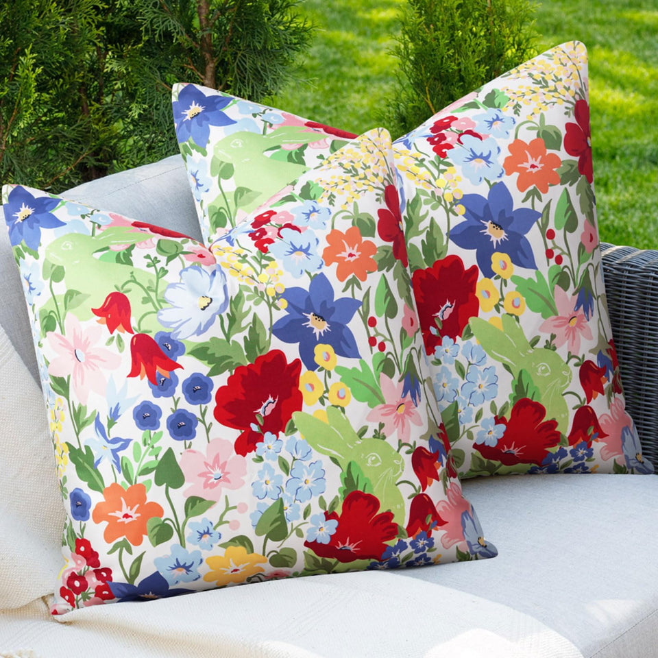 Adabana floral pattern close-up on outdoor pillow cover for vibrant patio decor