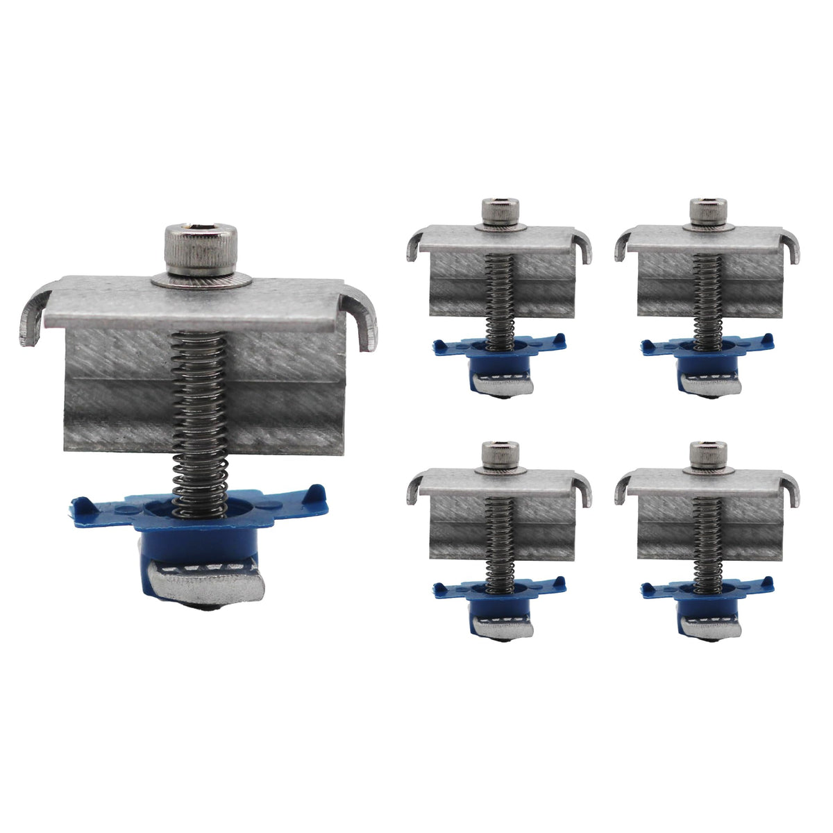 Adamax SPEC158 end clamps installed in a standard strut channel for secure solar mounting.