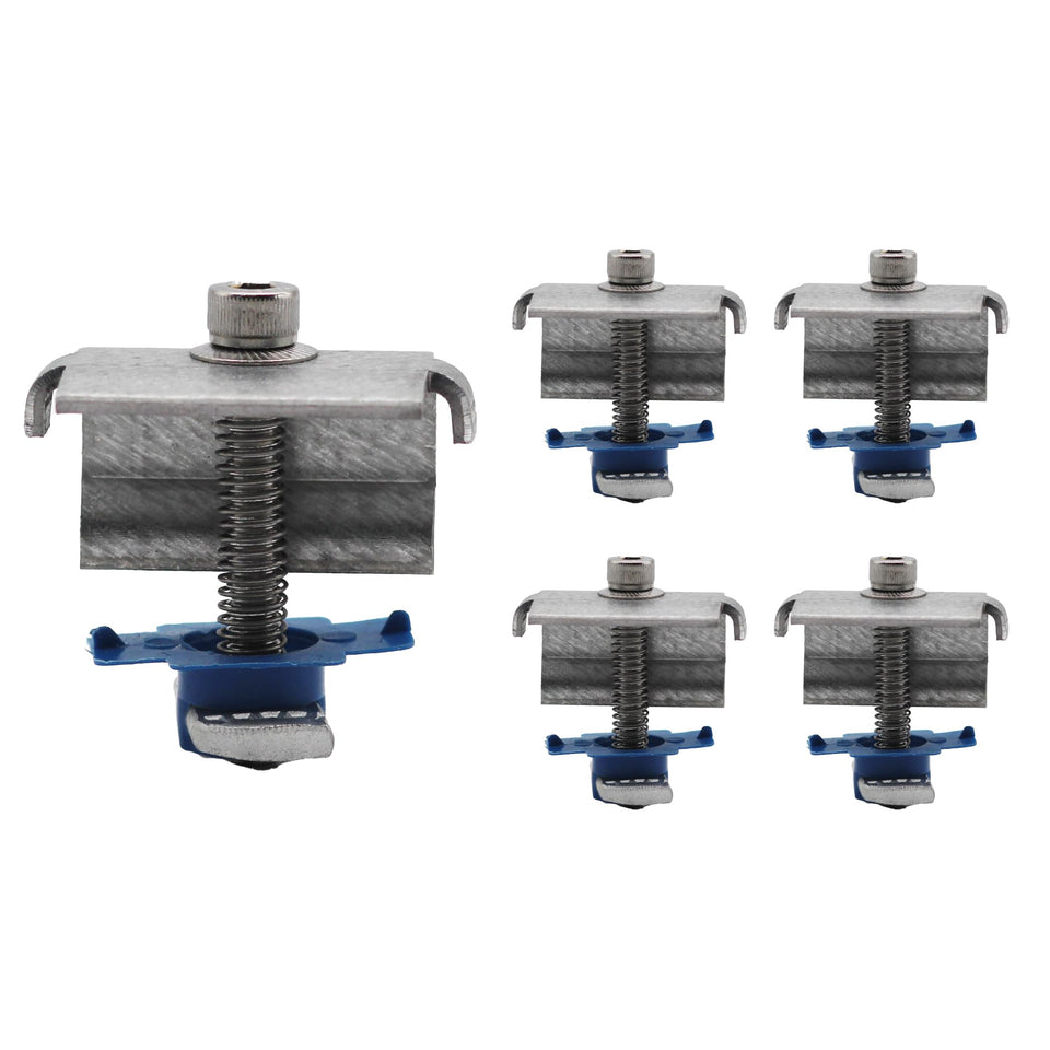 Adamax SPEC158 end clamps installed in a standard strut channel for secure solar mounting.