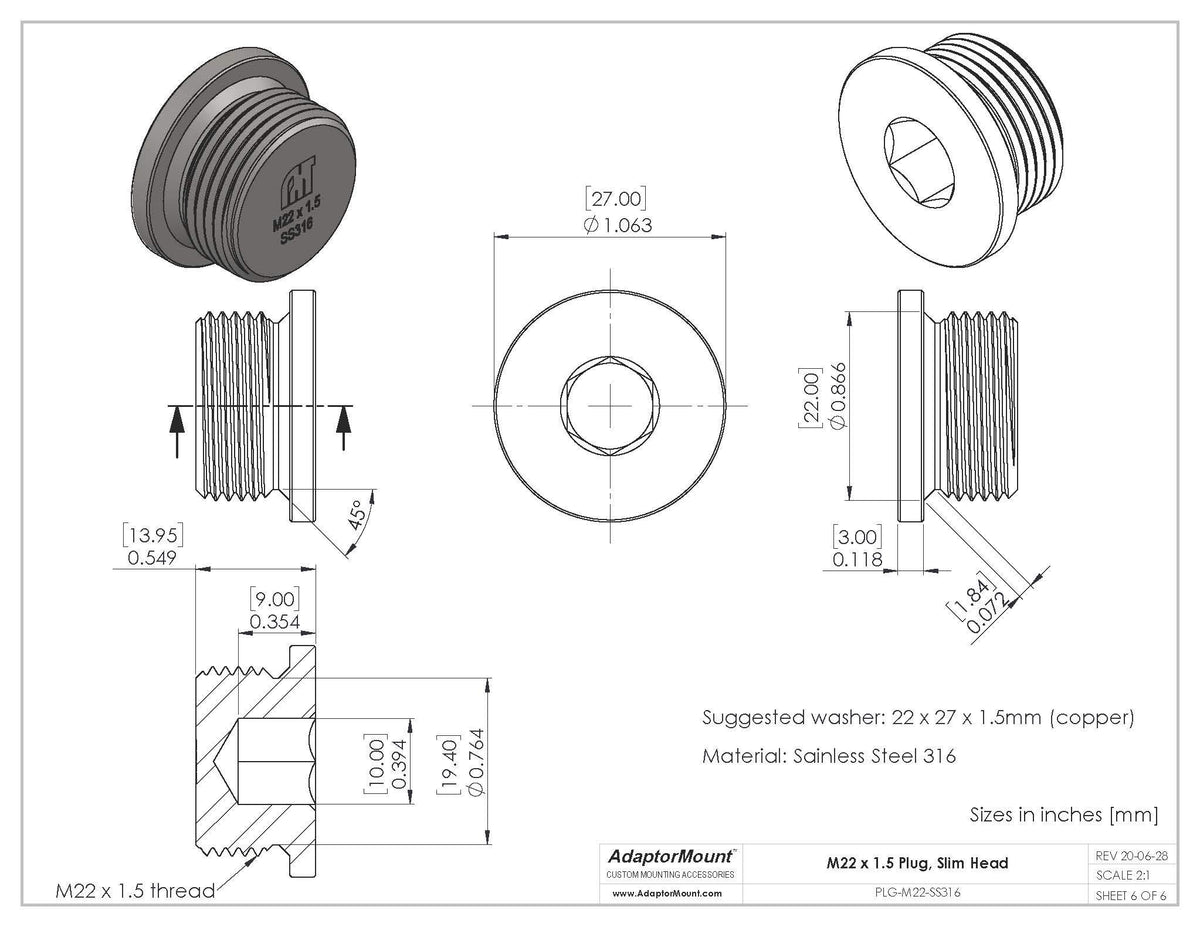 AdaptorMount Hydraulic system port plug for durable metric-thread closures