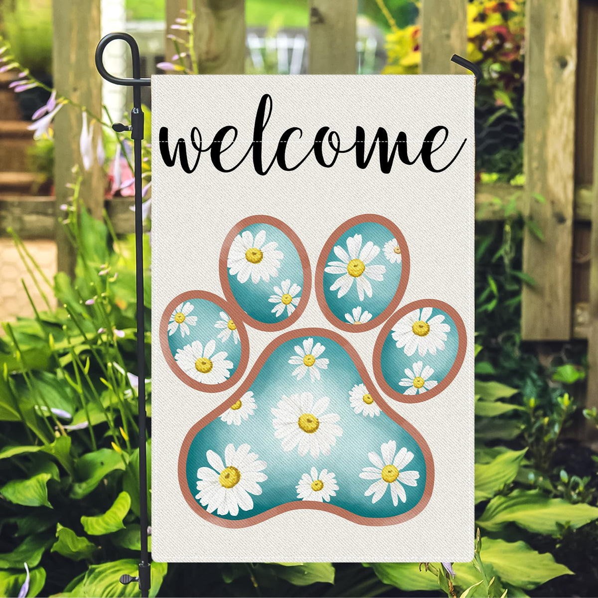 Adecortalk Outdoor garden flag with dog paw design is easy to hang.