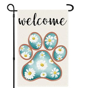 Adecortalk Welcome Spring dog paw flag with a daisy print for outdoor yard decor.