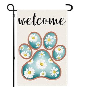 Adecortalk Welcome Spring dog paw flag with a daisy print for outdoor yard decor.