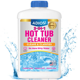 ADIOS! 3-in-1 hot tub cleaner bottle improves water clarity for a cleaner spa experience.