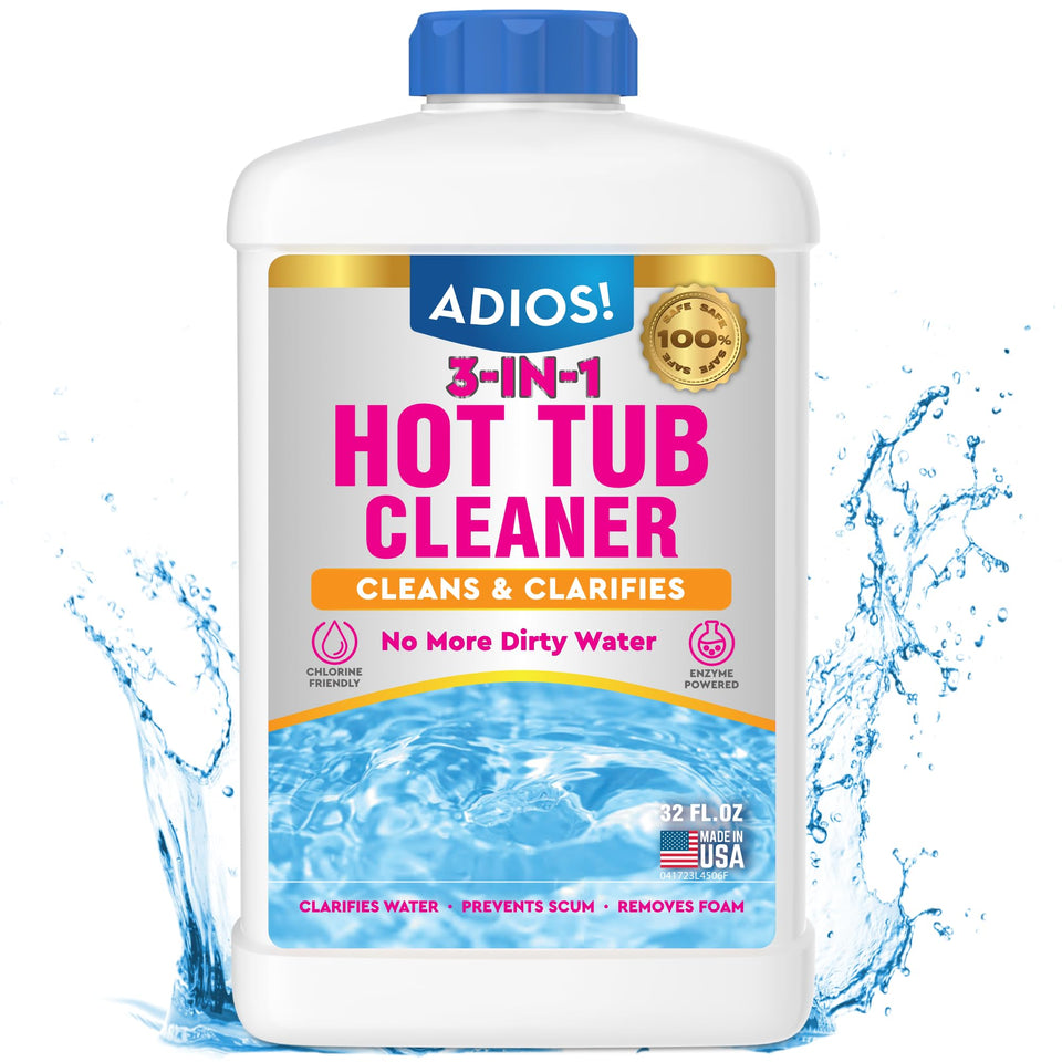 ADIOS! 3-in-1 hot tub cleaner bottle improves water clarity for a cleaner spa experience.