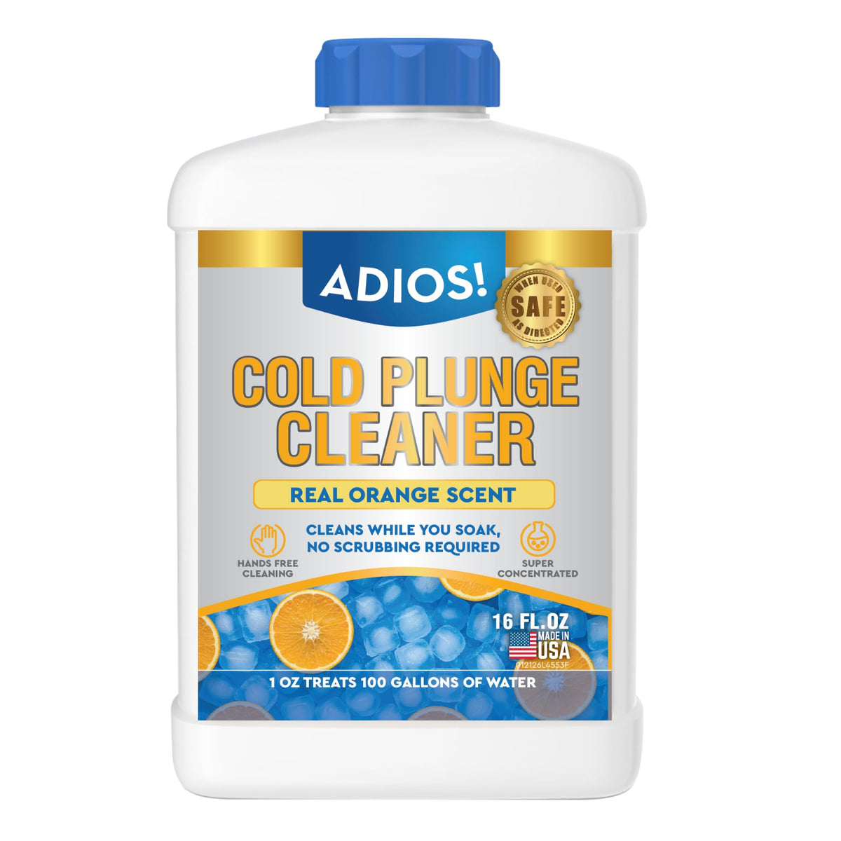 ADIOS! 4X Cold Plunge Cleaner bottle for easy water treatment in ice baths.