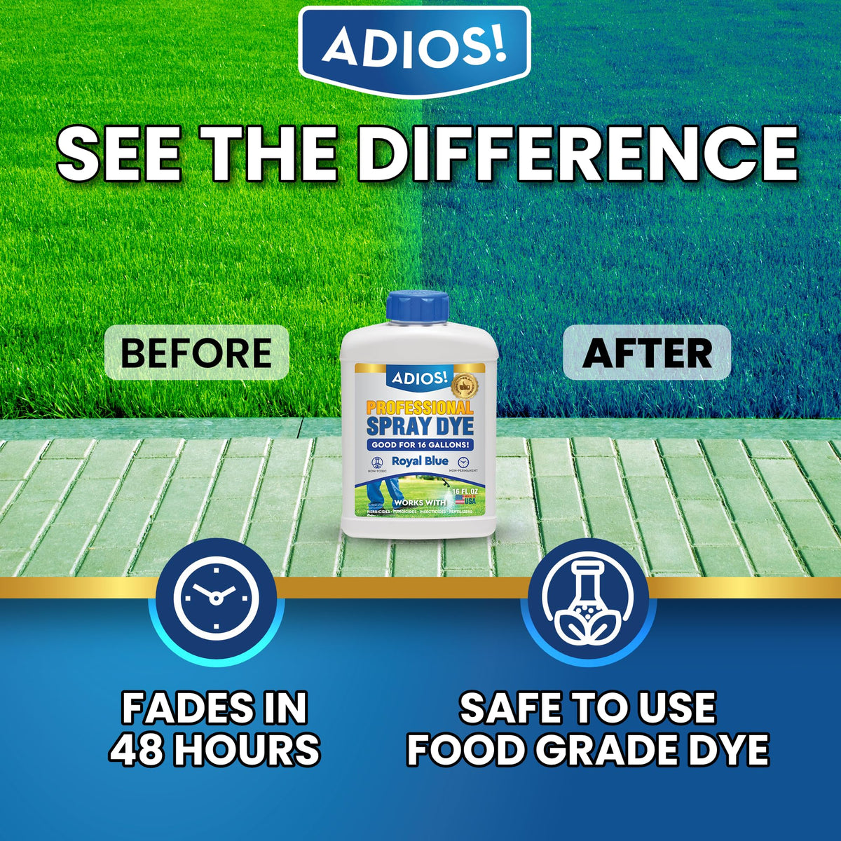 ADIOS! Blue dye application on grass guides spray coverage during lawn care.