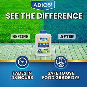 ADIOS! Blue dye application on grass guides spray coverage during lawn care.