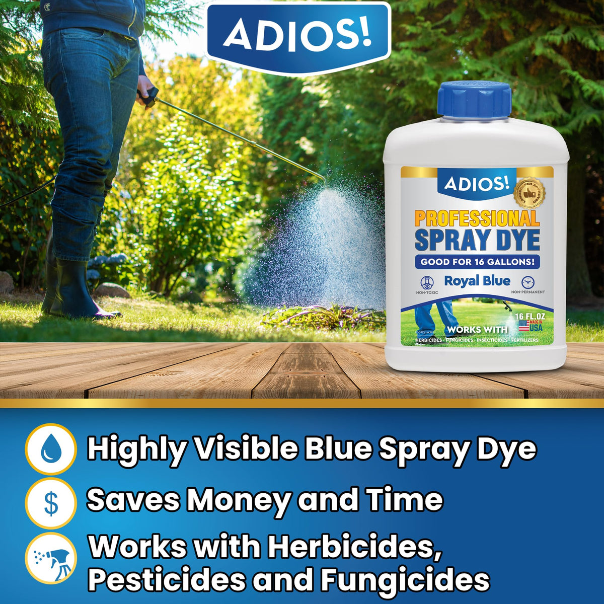 ADIOS! Professional blue dye on lawn highlights treated areas for accurate application.