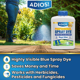 ADIOS! Professional blue dye on lawn highlights treated areas for accurate application.