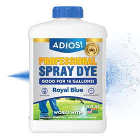 ADIOS! Blue spray dye marker bottle shows where treatments will land.