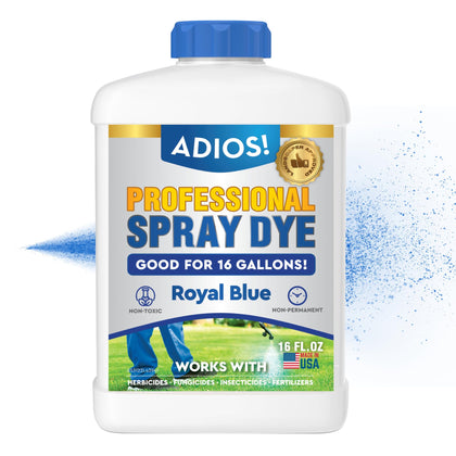 ADIOS! Blue spray dye marker bottle shows where treatments will land.