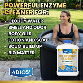 ADIOS! Clear-water action illustration showing improved clarity in cold plunge setups.