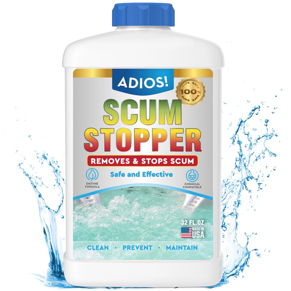 ADIOS! Hot Tub Scum Stopper bottle front improves water clarity with enzyme action