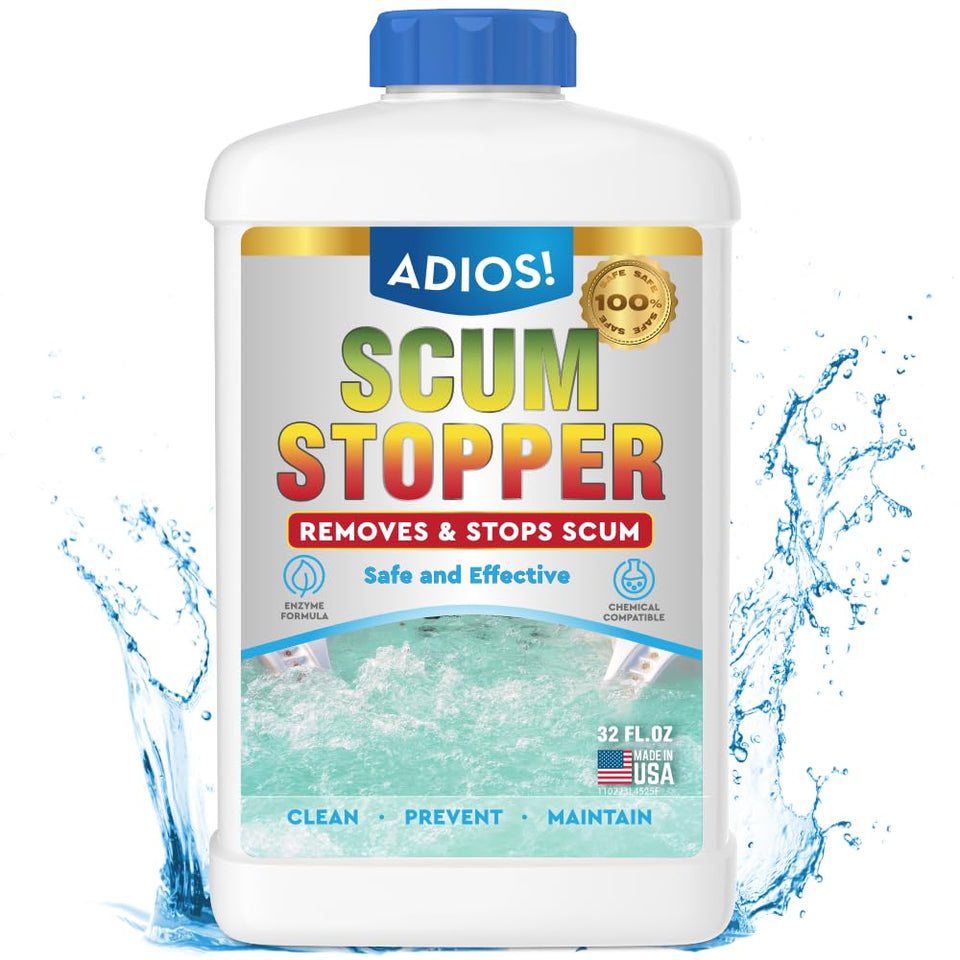 ADIOS! Hot Tub Scum Stopper bottle front improves water clarity with enzyme action