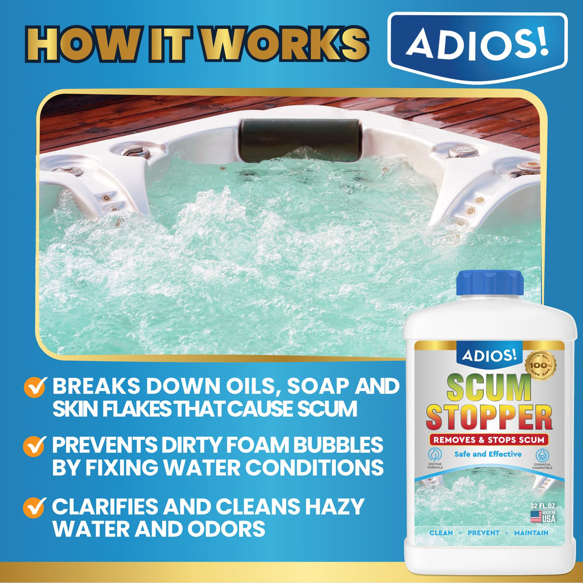 ADIOS! Hot Tub Scum Stopper bottle pour reduces foam for a smoother soak