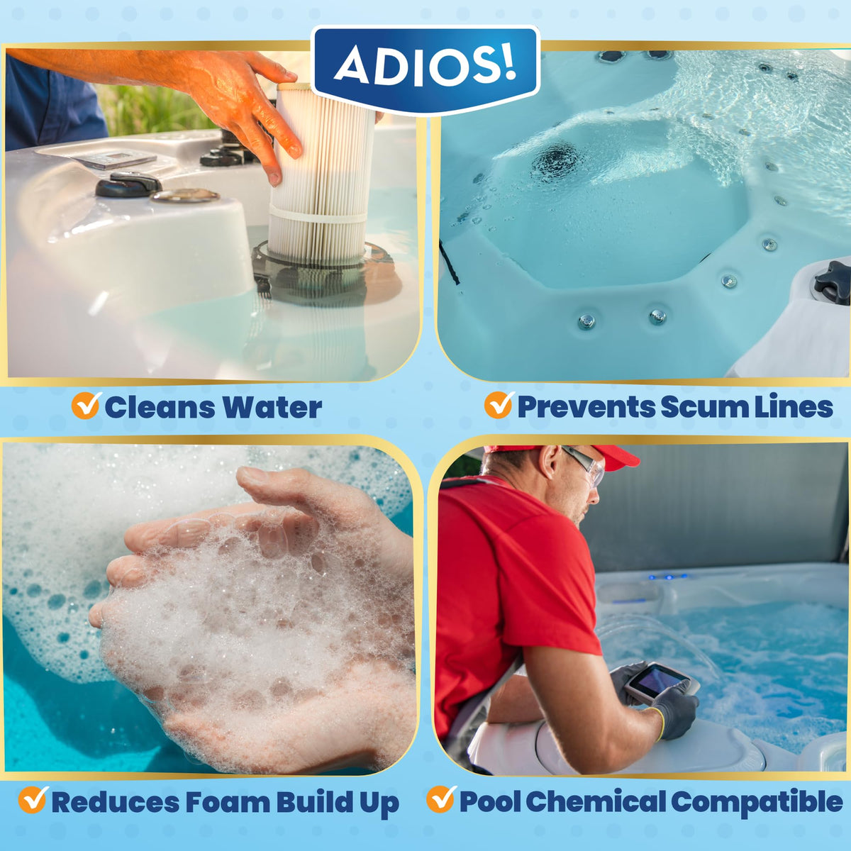 ADIOS! Hot Tub Scum Stopper label close-up shows enzyme-based, pH-neutral formula