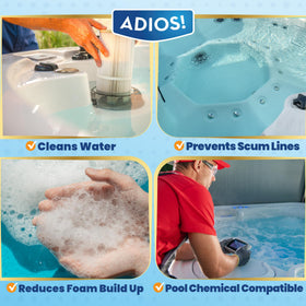 ADIOS! Hot Tub Scum Stopper label close-up shows enzyme-based, pH-neutral formula