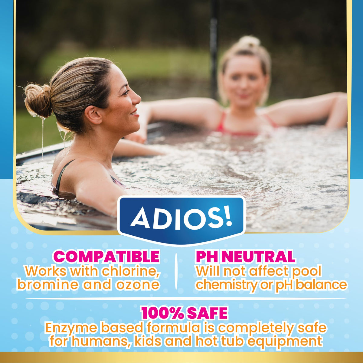 ADIOS! Hot Tub Scum Stopper packaging highlights 32 oz size for six months of use