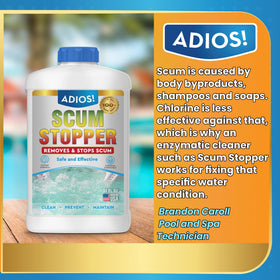 Water becomes clearer and less hazy after treatment with ADIOS! Scum Stopper