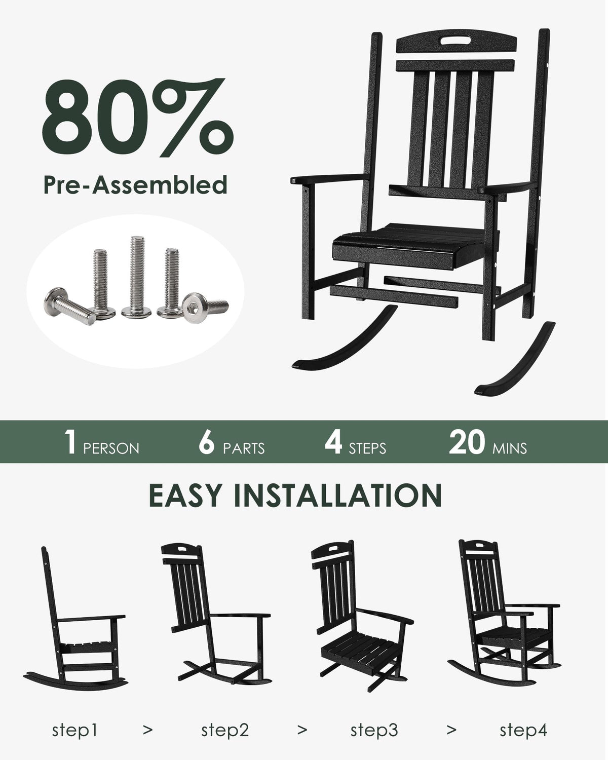 Adiromoti outdoor rocking chair armrests closeup shows extra-wide arms for drinks or phone.