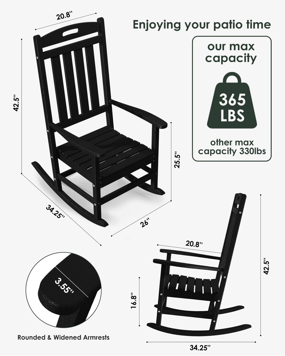 Adiromoti outdoor rocking chair back view emphasizes weatherproof poly lumber for durability.