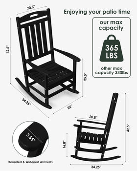 Adiromoti outdoor rocking chair back view emphasizes weatherproof poly lumber for durability.