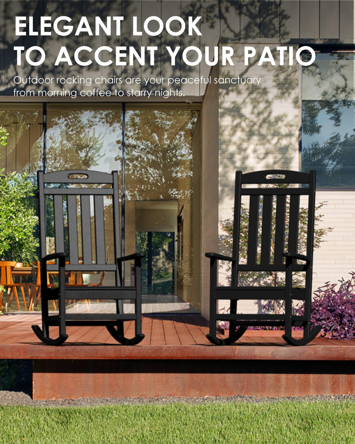 Adiromoti outdoor rocking chair in a garden setting invites year-round lounging.