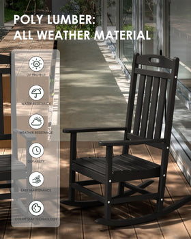 Adiromoti outdoor rocking chair poly lumber finish highlights durable weatherproof material for outdoor use.