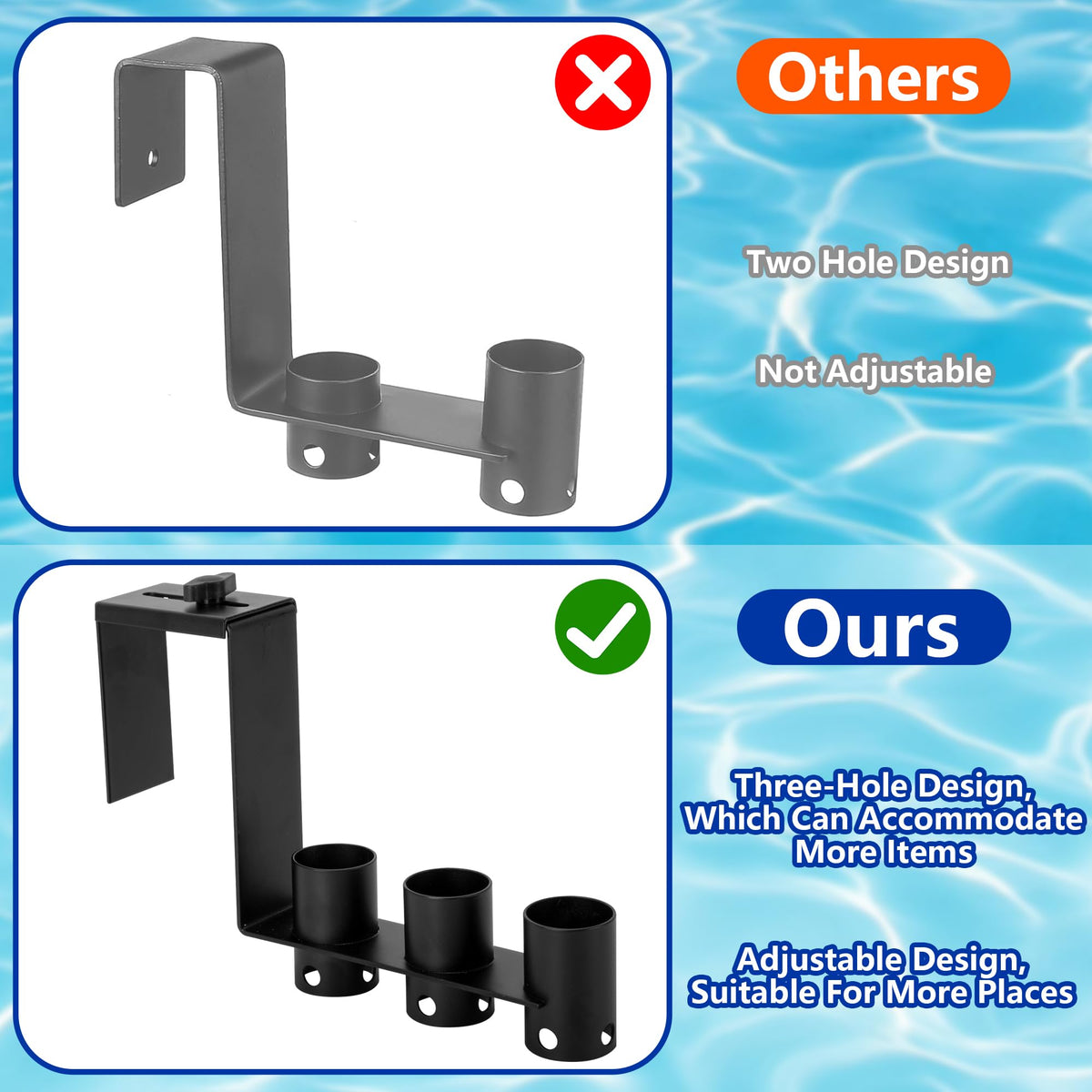 Adnee easy-install pool hooks hang on railing without tools.