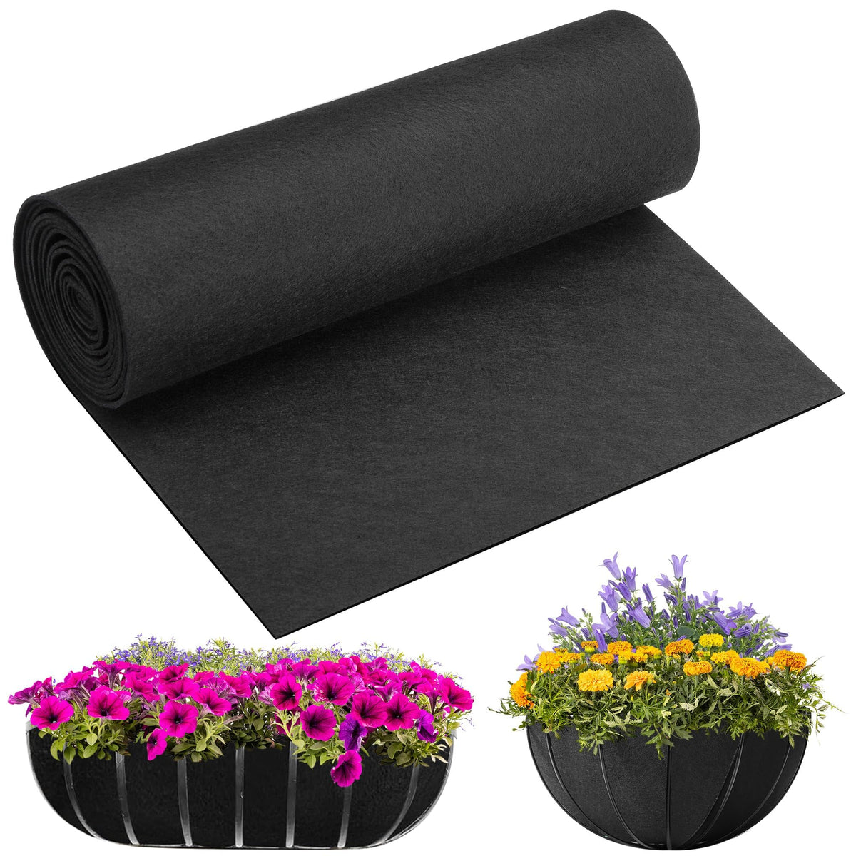 Adnee non-woven liner roll in black felt for versatile planters and baskets.