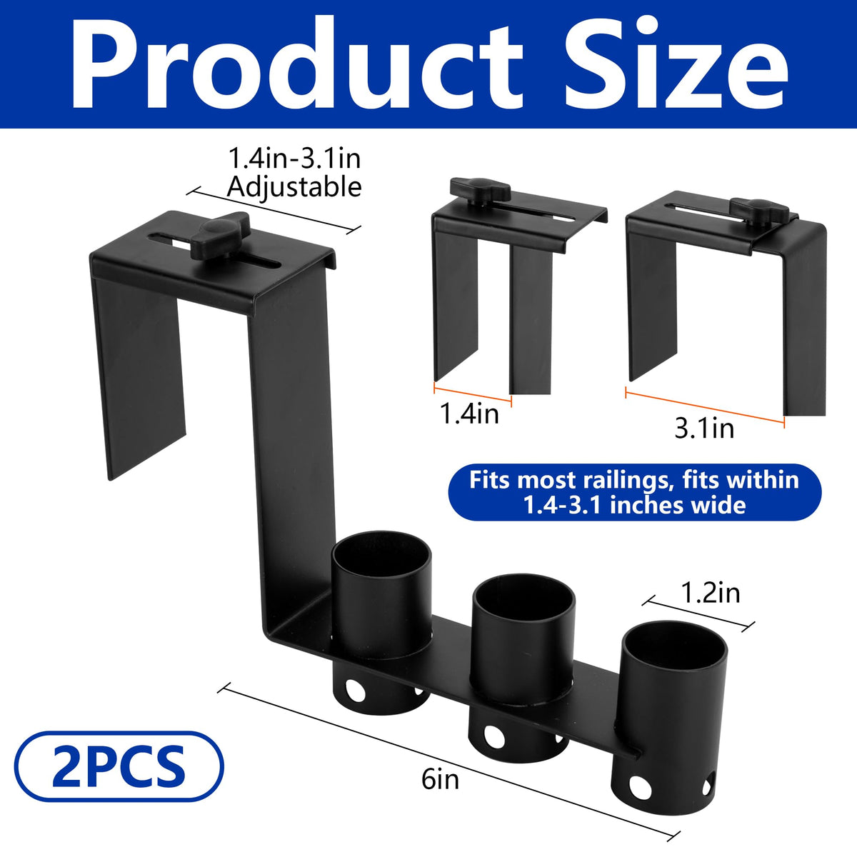 Adnee adjustable pool fence hooks fit fences from 1.4 to 3.1 inches.