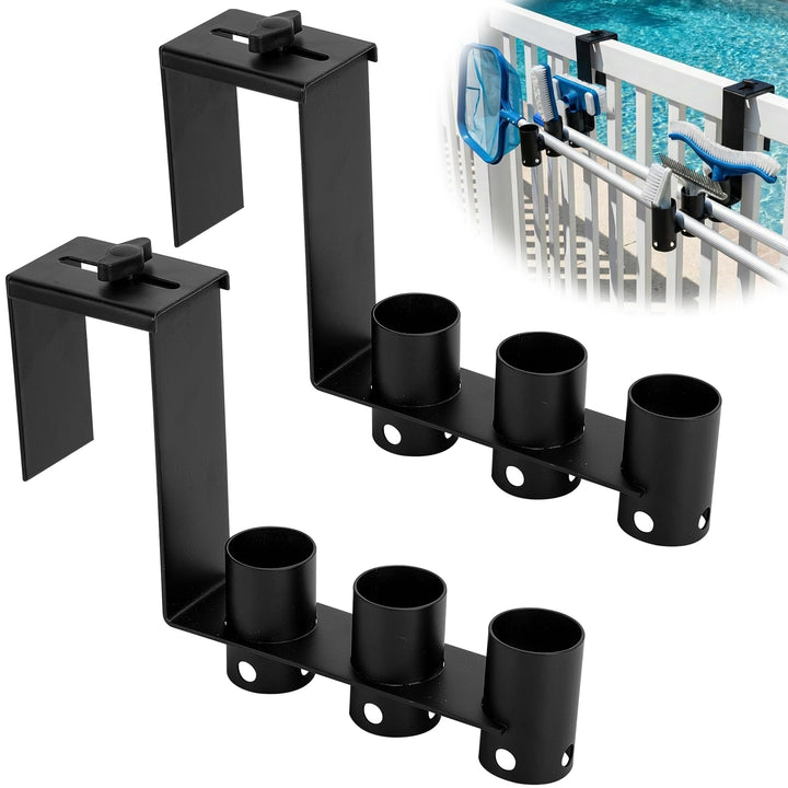 Adnee pool fence hooks mounted on a railing for easy tool access.